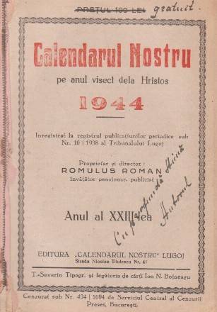 Calendarul nostru pe anul visect de la Hristos 1944