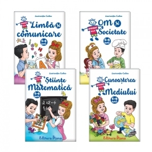 Set patru carti, A4, grupa mare 5-6 ani: 1. Domeniul Om si Societate; Domeniul Stiinte, Cunoasterea mediului; 2. Domeniul Stiinte, Matematica; Domeniul Limba si Comunicare